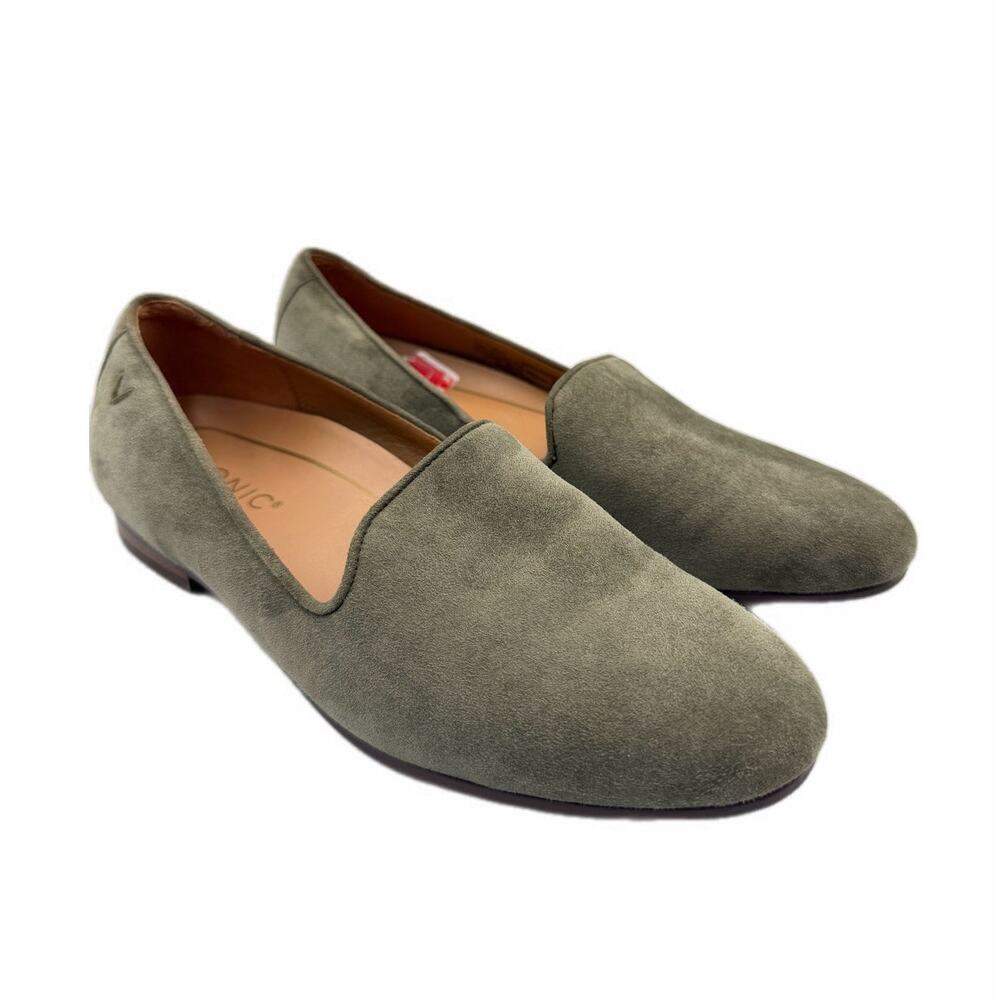 Vionic Willa Slip On Olive Suede Soft Almond Toe Low Heel Preppy Classic Loafers